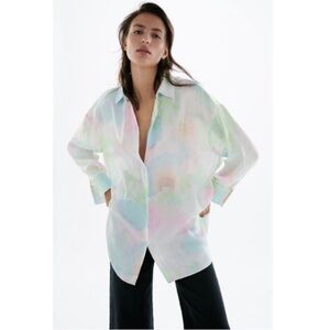 Zara Lightweight Oversized Button Up Shirt Size XS Watercolor Pastel Satin Artsy